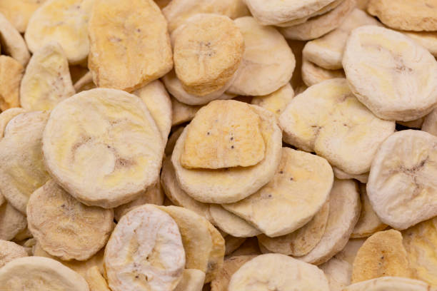 homemade dry banana slice chip prepare serve snack.